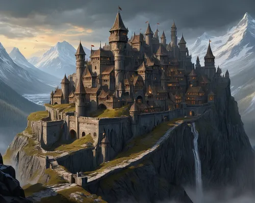 A fortified dwarven city  built on the side of a mountain.  (c)  Sixteen Coal Black Horses | Fantasy castle, Fantasy landscape, Fantasy city,castle of the corvin,knight's castle,castel,hogwarts,fairy 