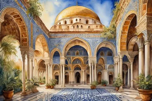 Majestic building, intricate mosaic patterns, Byzantine style, golden domes, ornate columns, grand archways, vibrant blue and white tiles, detailed stone carvings, lush greenery surroundings, sunny da