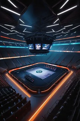 Modern e-sports arena, futuristic design, sleek lines, metallic materials, LED lights, giant screens, stadium seating, energetic atmosphere, neon glow, urban cityscape, night scene, dramatic lighting,