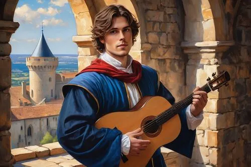 Medieval minstrel AI, solo, (30yo), handsome detailed face, short brown hair, bright blue eyes, red cloak with golden trim, white shirt with puffy sleeves, dark brown pants, black boots, lute in hand,