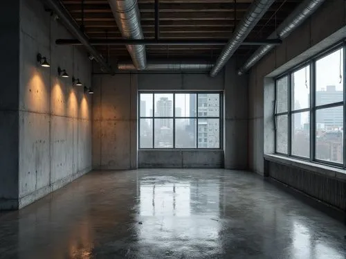 Minimalist industrial interior, concrete walls, steel beams, exposed pipes, reclaimed wood accents, monochromatic color scheme, sleek lines, empty space, single source of light, industrial lamps, meta