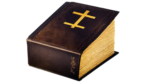 Ancient leather-bound book, golden cross on cover, intricate illustrations, ornate font, yellowed pages, soft lighting, warm color tone, cinematic composition, shallow depth of field, 3/4 view, close-