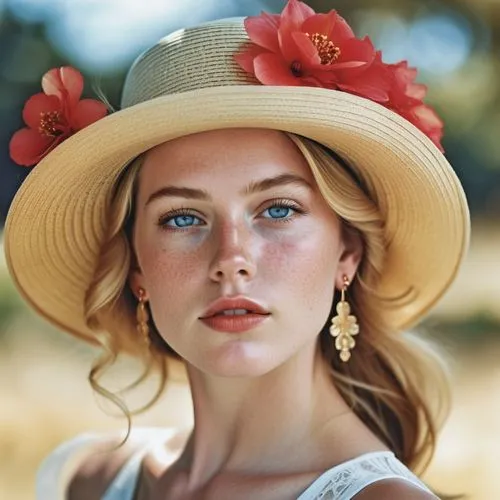 Close-up portrait of a young woman with striking features, displaying a thoughtful or introspective expression. Her face is highlighted by bright blue eyes, red lipstick, and delicate freckles dusting