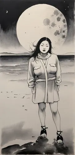 satrapi,moonwalked,inuit,sewol ferry disaster,erma,girl on the dune,walk on the beach,inupiaq,llorona,beach walk,moonface,inuvialuit,delaughter,tatsuro,giantess,voormann,moon walk,moonstruck,beachgoer,ink painting,Illustration,Paper based,Paper Based 30