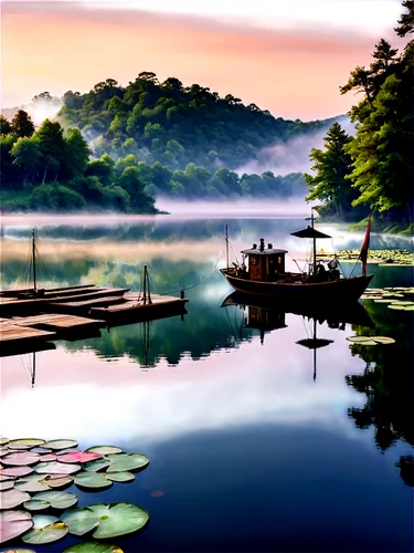 Lake infographic, serene atmosphere, calm water surface, gentle ripples, surrounding hills, lush green trees, wooden dock, sailboats, fishing nets, water lilies, morning mist, soft golden light, 3/4 c