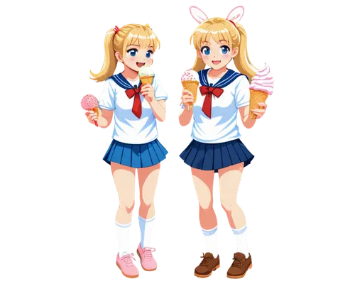 Yum sound effect, cute girl, excited expression, blonde hair, ponytail, pink bow, sweet smile, closed eyes, savoring food, Japanese style school uniform, short skirt, white socks, brown shoes, holding