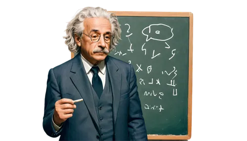 Albert Einstein, old man, wild hair, bushy eyebrows, mustache, wrinkles, glasses, suit, tie, holding chalk, standing in front of blackboard, scribbling equations, intense thinking face, warm lighting,