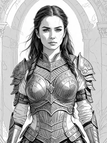 a drawing of a woman in armor,female warrior,oerth,breastplates,simara,breastplate,gwenllian,Design Sketch,Design Sketch,Detailed Outline