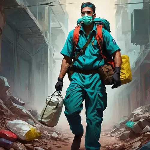 janitor,blue-collar worker,medical waste,medic,combat medic,repairman,surgeon,construction worker,paramedic,hazmat suit,personal protective equipment,waste collector,sci fiction illustration,emergency medicine,worker,ppe,male nurse,warehouseman,the pandemic,tradesman,Conceptual Art,Fantasy,Fantasy 10