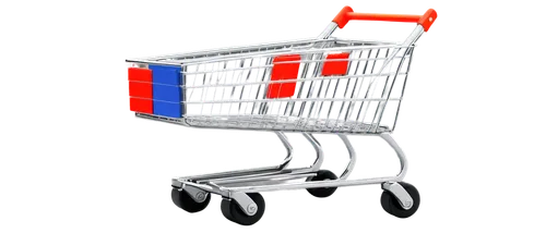 Shopping cart, wire frame, wheels, metal body, white plastic handle, loaded with goods, various products, colorful packaging, soft shadow, 3/4 composition, shallow depth of field, warm color tone, cin