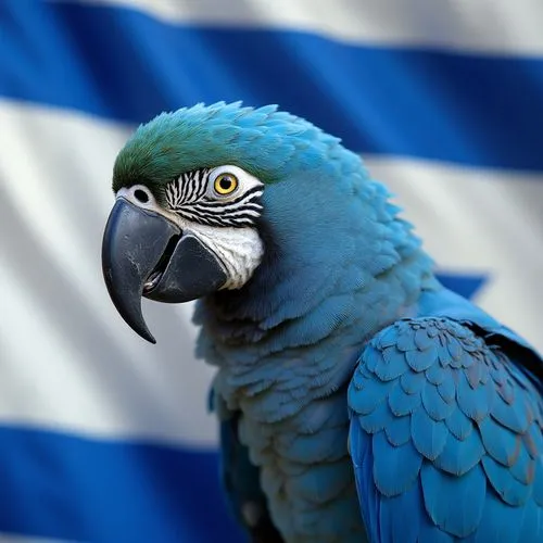 American parrot in blue and white Israel flag,an image of a parrot that is standing in front of a flag,uruguyan,uruguayan,blue parrot,luaka,melanoleuca,pajaros