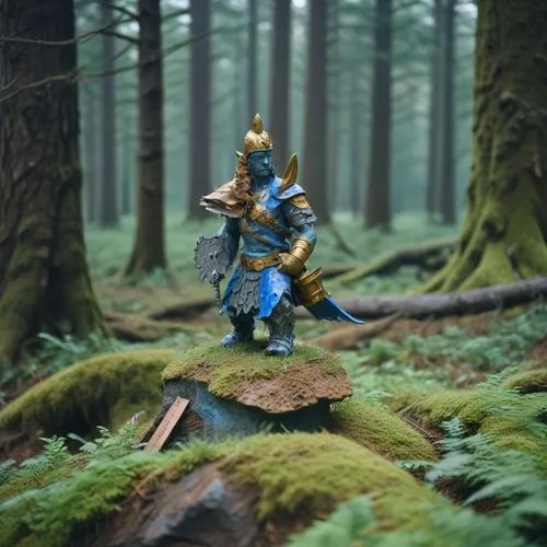 a statue of a man with blue paint, in a forest,svarog,garrison,lucario,forest man,lone warrior,dagur