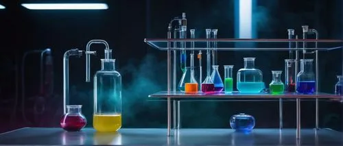 Futuristic laboratory, stable diffusion, experiment equipment, glass containers, colorful liquids, steam rising, metallic tables, sleek surfaces, LED lights, soft glow, subtle fog, mysterious atmosphe