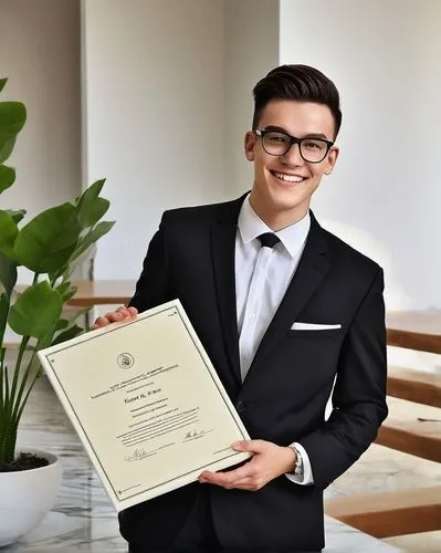 Diploma holder, young adult, male, proud smile, glasses, neat hair, formal attire, black suit, white shirt, tie, holding diploma scroll, interior architecture and design degree, modern interior backgr