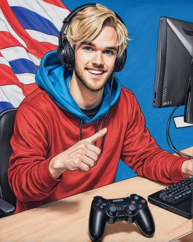 Bro Fist, PewDiePie, male, 25yo, messy blonde hair, bright blue eyes, red hoodie, white t-shirt, dark jeans, black sneakers, holding a gaming controller, excited expression, standing, colorful backgro