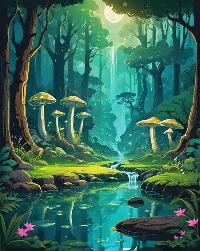 mushroom landscape,fairy forest,elven forest,mushroom island,fantasy landscape,fairy world,druid grove,fairy village,swampy landscape,forest glade,forest mushrooms,cartoon forest,enchanted forest,fairytale forest,forest floor,forest landscape,forest background,forest of dreams,the forests,forests,Illustration,Vector,Vector 01