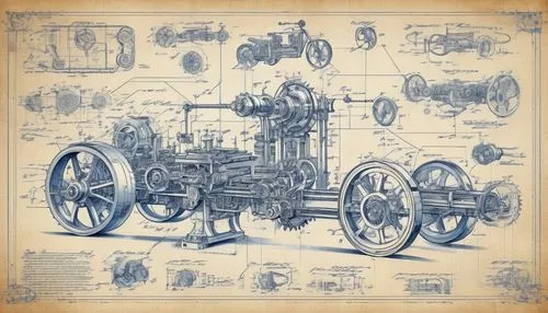 intricate hand drawing of construction plan of automotive industrial machine, on old paper. Unveil a symphony of gears, conveyors, and robotic arms meticulously arranged for maximum efficiency. Adorn 