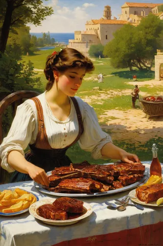 saucisson de lyon,cuisine of madrid,girl with bread-and-butter,barbecue,woman holding pie,viennese cuisine,barbeque,spanish cuisine,sicilian cuisine,sausage plate,portuguese food,franz winterhalter,gastronomy,woman eating apple,barbacoa,italian food,bbq,czech cuisine,cuisine classique,grilled food,Art,Classical Oil Painting,Classical Oil Painting 42