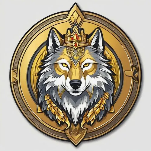 Fantasy emblem logo for gaming token depicting a powerful anthropomorphic wolf king (including the word "Wolf)"),luxury legendary token,golden border and golden and yellow tones,illustration,vibrant((