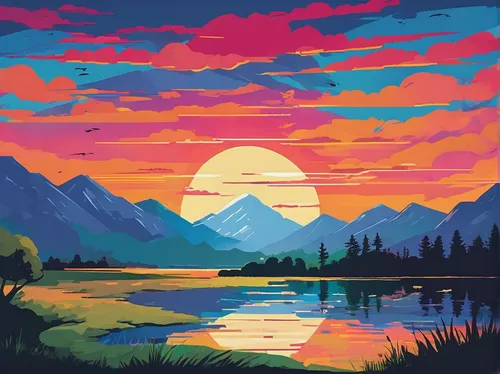 Describe a beautiful sunset painting with vibrant colors and a tranquil setting.,mountain sunrise,alpine sunset,alaska,teton,landscape background,montana,evening lake,mountains,dusk background,vermili