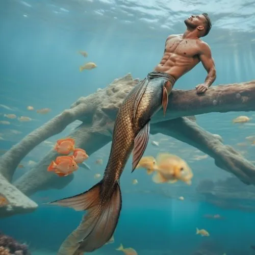 men, man, mermaid, real, naked, male, fish tail, sea ​​bass, coral reef, boy, man, masculine, muscles, sexy, muscular, hd, triton, ,man standing on nch with fish and ocean floor,merman,ammerman,dammer