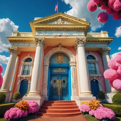 petaluma,pink macaroons,pink balloons,temples,marble palace,rosicrucian,visalia,lachapelle,palladianism,pink carnations,mansion,disneyland park,palace,zappeion,palladian,istana,treasure hall,kleinheinz,neoclassical,emporium,Illustration,Realistic Fantasy,Realistic Fantasy 38