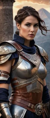 Semi-realism art, stunning female warrior, strong facial features, athletic build, short brown hair, bold eyebrows, scar above left eyebrow, intricate armor, silver accents, leather gloves, sword at t