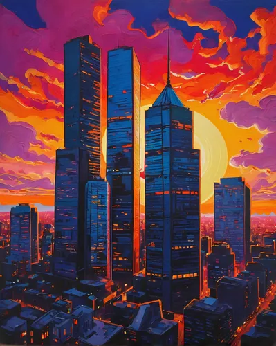 skyscrapers,cityscape,skyline,shinjuku,sky city,city skyline,colorful city,skyscraper,dusk,tokyo city,skycraper,evening city,tokyo,metropolis,shanghai,cyberpunk,city in flames,skyscraper town,rising sun,high-rises,Art,Classical Oil Painting,Classical Oil Painting 11