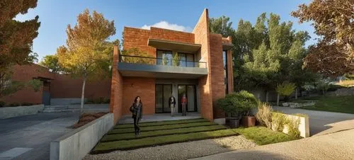 The image depicts a residential building, with a concrete roof and a large windows overlooking a cityscape. In the center of this image, a rescowling green property, with a red street corner, boasts a