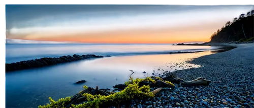 Seaside landscape, sunset sky, calm ocean waves, sandy beach, rocky shoreline, driftwood, seaweed, clear blue water, misty atmosphere, warm golden lighting, 3/4 composition, shallow depth of field, pa