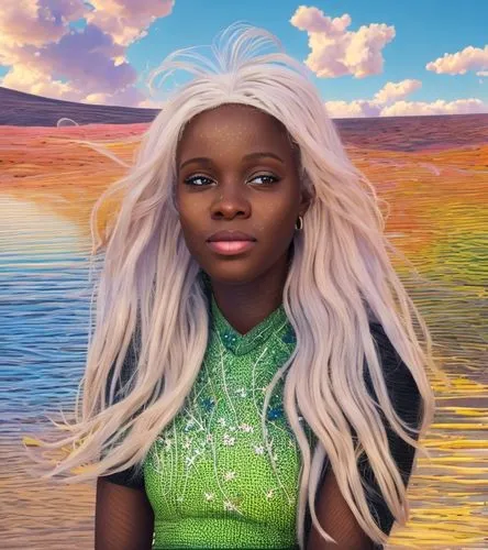 Create surreal AI art for a gallery exhibit, Beautyfull young african woman, many flowers in the hair, flowers in the air, nice smile, realistic, same face, detailled high resolution,zion,fantasia,tia