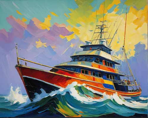 pilot boat,lifeboat,fishing trawler,naval trawler,mariner,sea fantasy,royal mail ship,royal yacht,rescue and salvage ship,fishing vessel,lightship,seafarer,hatteras,survey vessel,fireboat,sailing orange,fishing boat,seagoing vessel,arthur maersk,scarlet sail,Art,Artistic Painting,Artistic Painting 36