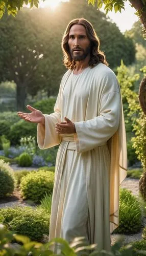 create a realistic portrait of Jesus in a serene garden, speaking, movie scene,statue jesus,jesus figure,sechrist,jesusa,jeshua,christ plant,televangelism,iesus,ihesus,jesus,fusus,christus,god,messiah