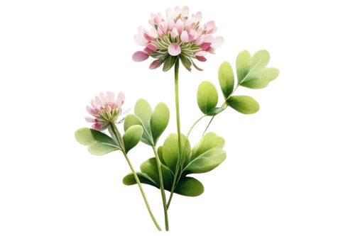 White clover, green leaves, pink flowers, delicate petals, soft focus, shallow depth of field, natural lighting, 3/4 composition, warm color tone, realistic texture, intricate details, solo, botanical