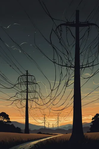 electricity pylons,powerlines,power lines,telephone poles,pylons,wires,power line,telephone pole,electricity pylon,electrical wires,electrical grid,transmission tower,electrical lines,power pole,evening atmosphere,twine,dusk background,trails,post-apocalyptic landscape,connections,Illustration,Retro,Retro 08