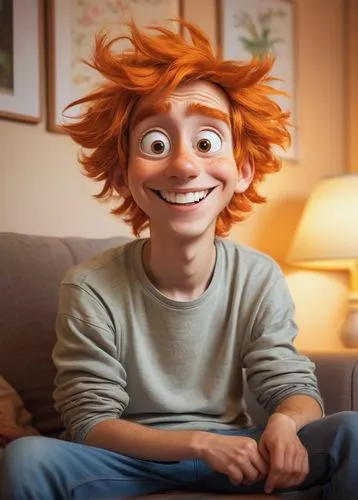 Goofy Ah character, cute facial expression, big rounded eyes, messy orange hair, bright smile, casual clothes, relaxed posture, sitting on a couch, living room setting, warm lighting, soft focus, shal