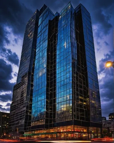 Timothy Burke architecture, modern skyscraper, sleek metal structure, reflective glass facade, angular lines, urban cityscape, busy streets, metropolitan atmosphere, nighttime scene, neon lights refle