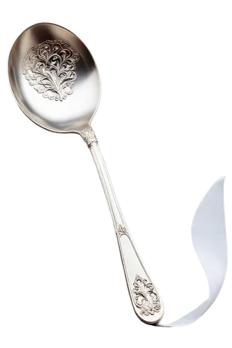 Silver spoon, reflective metal surface, intricate designs on handle, rounded bowl shape, lying on white tablecloth, softbox lighting, close-up shot, shallow depth of field, high contrast, realistic te