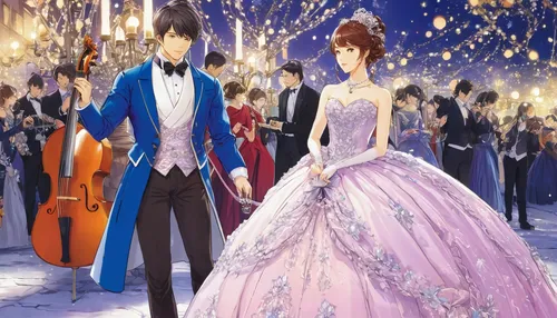 silver wedding,wedding couple,ballroom dance,wedding ceremony,waltz,orchestra,prince and princess,ballroom,wedding photo,golden weddings,christmas ball,wedding band,wedding reception,winter festival,serenade,winter dress,philharmonic orchestra,ball gown,bride and groom,celestial event,Illustration,Japanese style,Japanese Style 10