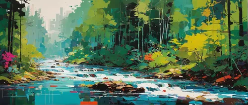 river landscape,a river,streams,brook landscape,flowing creek,forest landscape,a small waterfall,rapids,colorful water,mountain stream,aura river,waterfall,mountain river,small landscape,clear stream,rainforest,cascades,japan landscape,river,forest,Conceptual Art,Oil color,Oil Color 07