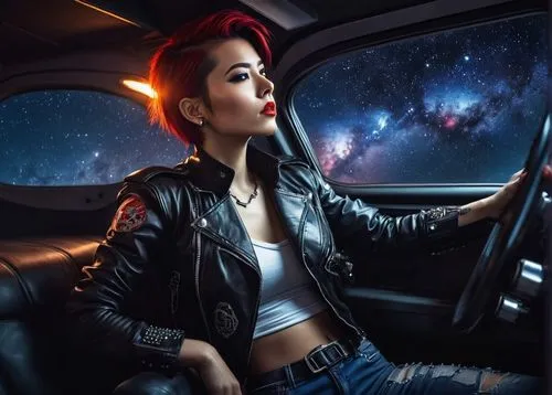 girl in car,sci fiction illustration,spaceship interior,woman in the car,moonroof,cosmogirl,starliner,starships,drivespace,world digital painting,ufo interior,stardrive,stargirl,girl and car,galaxie,joyride,passenger,night highway,car drawing,drive,Illustration,Japanese style,Japanese Style 20