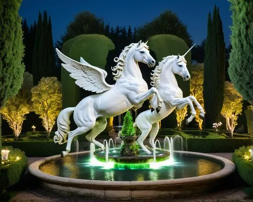 two white pegasuses are playing in a magical forest in a mystical and ethereal atmosphere, and little glowing fairies are flying around them,two statues in front of a fountain and some trees,the horse