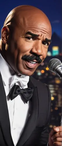 Steve Harvey, 60s American TV host, smiling face, sharp jawline, mustache, black suit, white shirt, bow tie, holding microphone, standing in front of a city skyline backdrop, bright stage lights, stud