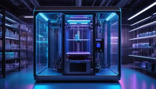 Modern futuristic 3D printer, print on demand AI system, sleek metal body, glowing blue LED lights, transparent glass door, robotic arm, intricate mechanical details, high-tech laboratory background, 