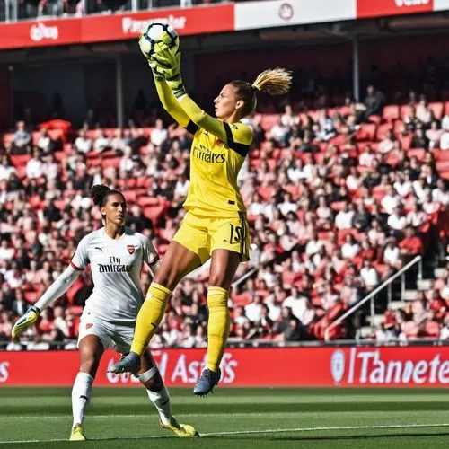 A dynamic shot of 20 meter tall Gabriella, the Arsenal goalkeeper, in action. She is towering over her teammates, saving a powerful shot from a striker. ,the goalie in yellow catches the ball during a