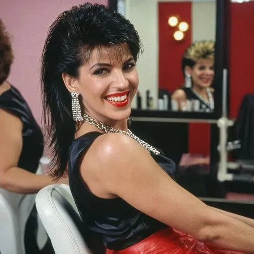 Portrait of attractive elegant rich happy smiled laughing red lipsticked 40 years old arabic woman with 1980s style mullet  hair, sitting in the chair of hairdresser, by the haircut by the mirror view