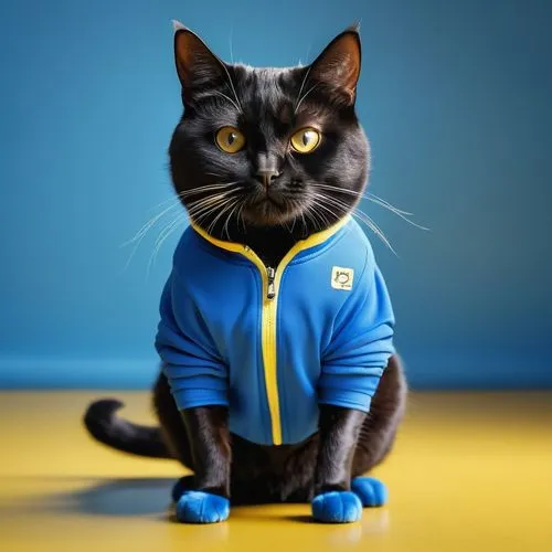 一隻微胖的黑色貓咪q版,穿藍色運動服,黃色背景,the black cat is wearing a blue jacket,supercat,catman,siamese cat,cat on a blue background,cartoon cat,cat image