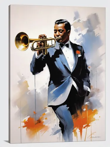 Trumpeter by Willem Haenraets 1-piece Canvas Wall Art,trumpeter,trombone player,trumpet player,trombonist,man with saxophone,drawing trumpet,saxophone playing man,trumpet climber,trumpet gold,trombone