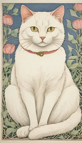 white cat,flower cat,snowbell,calico cat,foujita,watercolor cat,Illustration,Retro,Retro 23