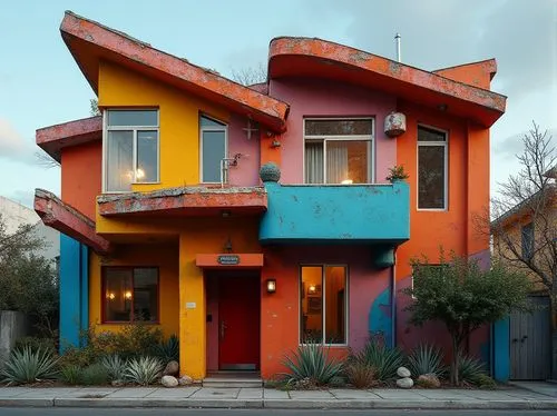 Vibrant postmodern house facade, bold color blocking, irregular shapes, fragmented forms, playful asymmetry, ornate decorations, eclectic mix of materials, distressed finishes, abstract patterns, over